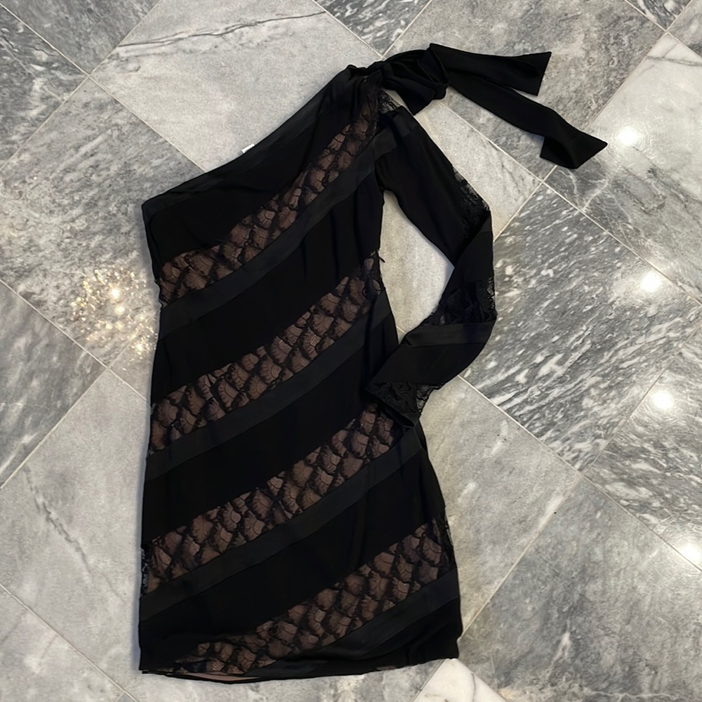 Beautiful one shoulder, lace overlay classic cocktail dress. Size 2